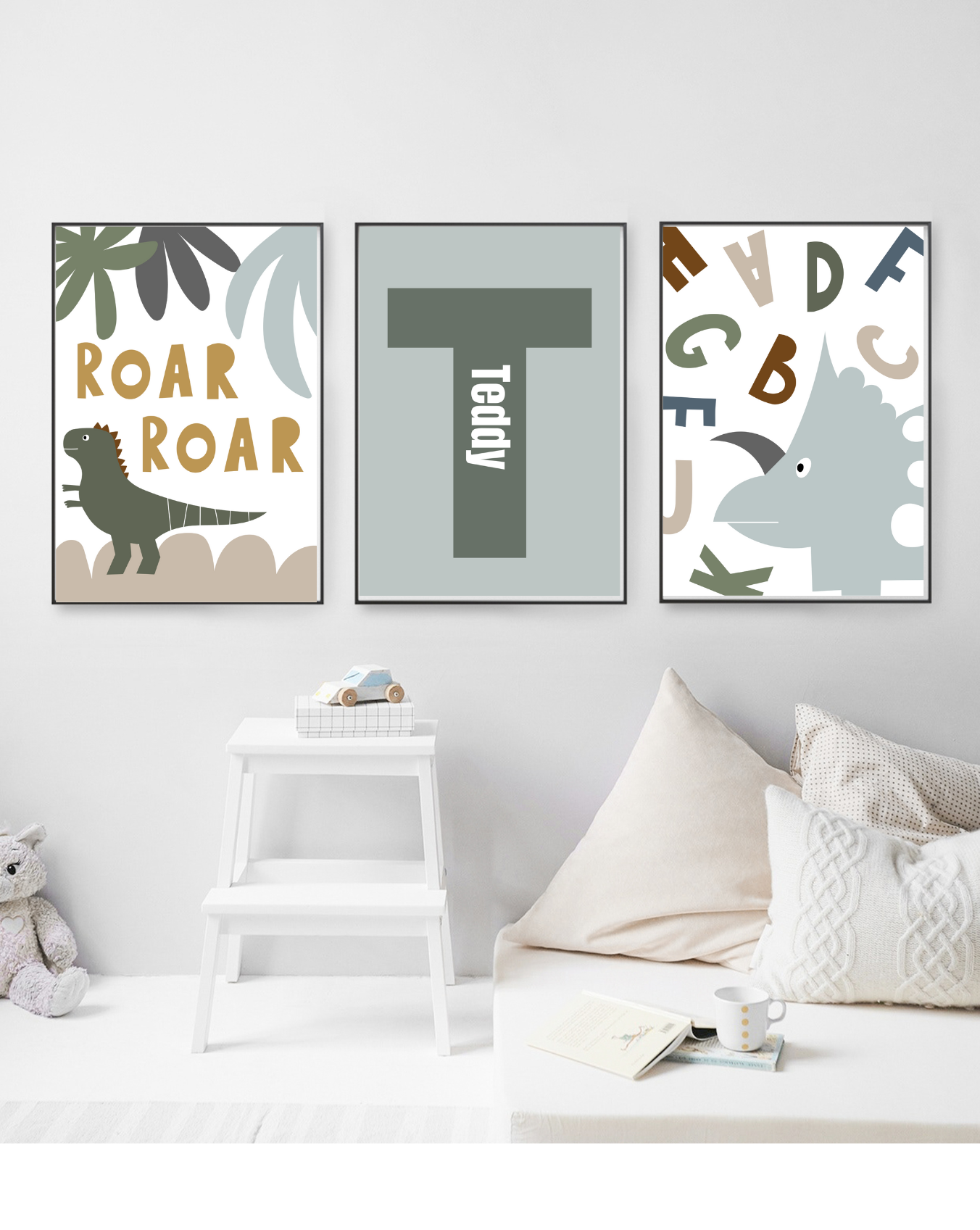 Set of 3 Nursery Wall Art, Personalised Dinosaur Prints, Wall Art Gender Neutral