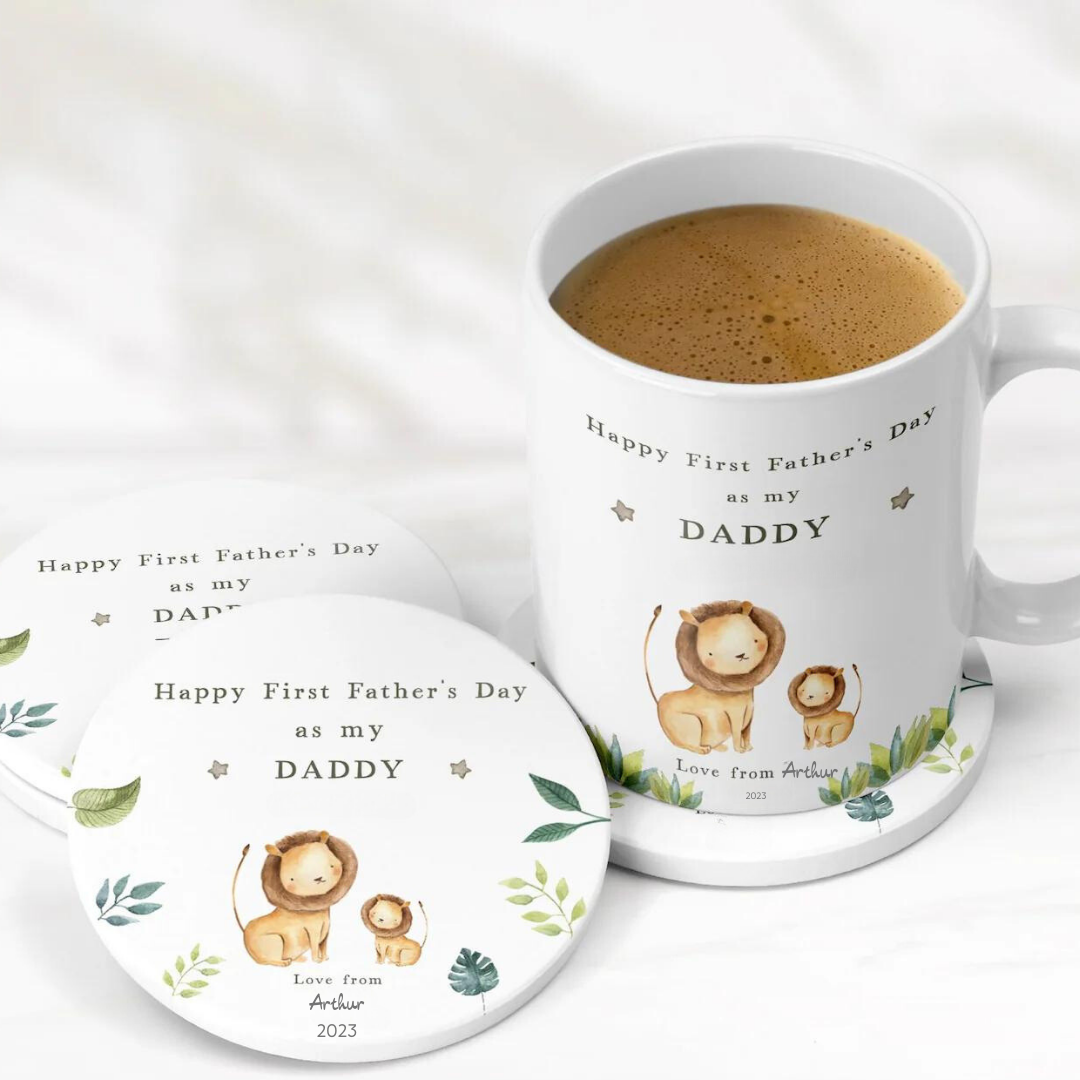 First Fathers Day Daddy Gift | Personalised First Father's Day Ceramic Mug & Coaster Gift Set for New Dad | Daddy