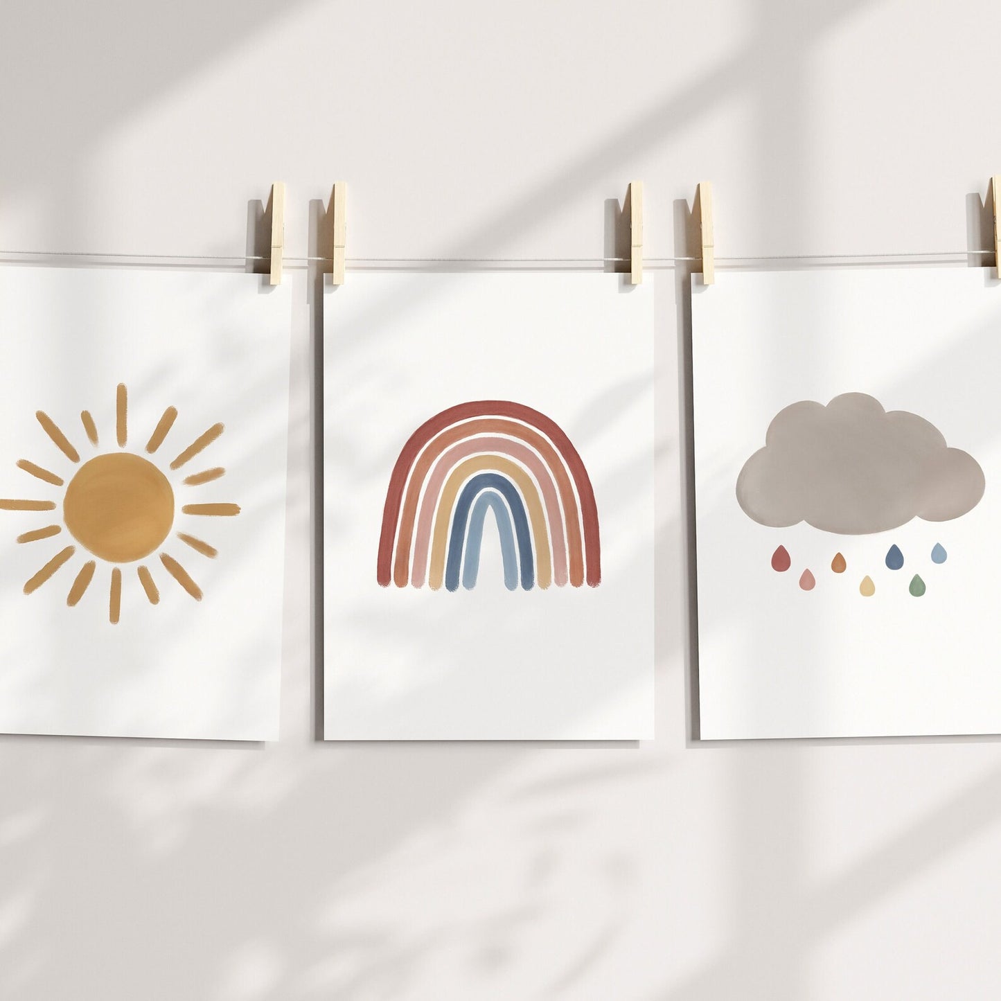 Nursery Wall Art Sun Rainbow Cloud Set Of 3 Prints Watercolour, Wall Art Gender Neutral