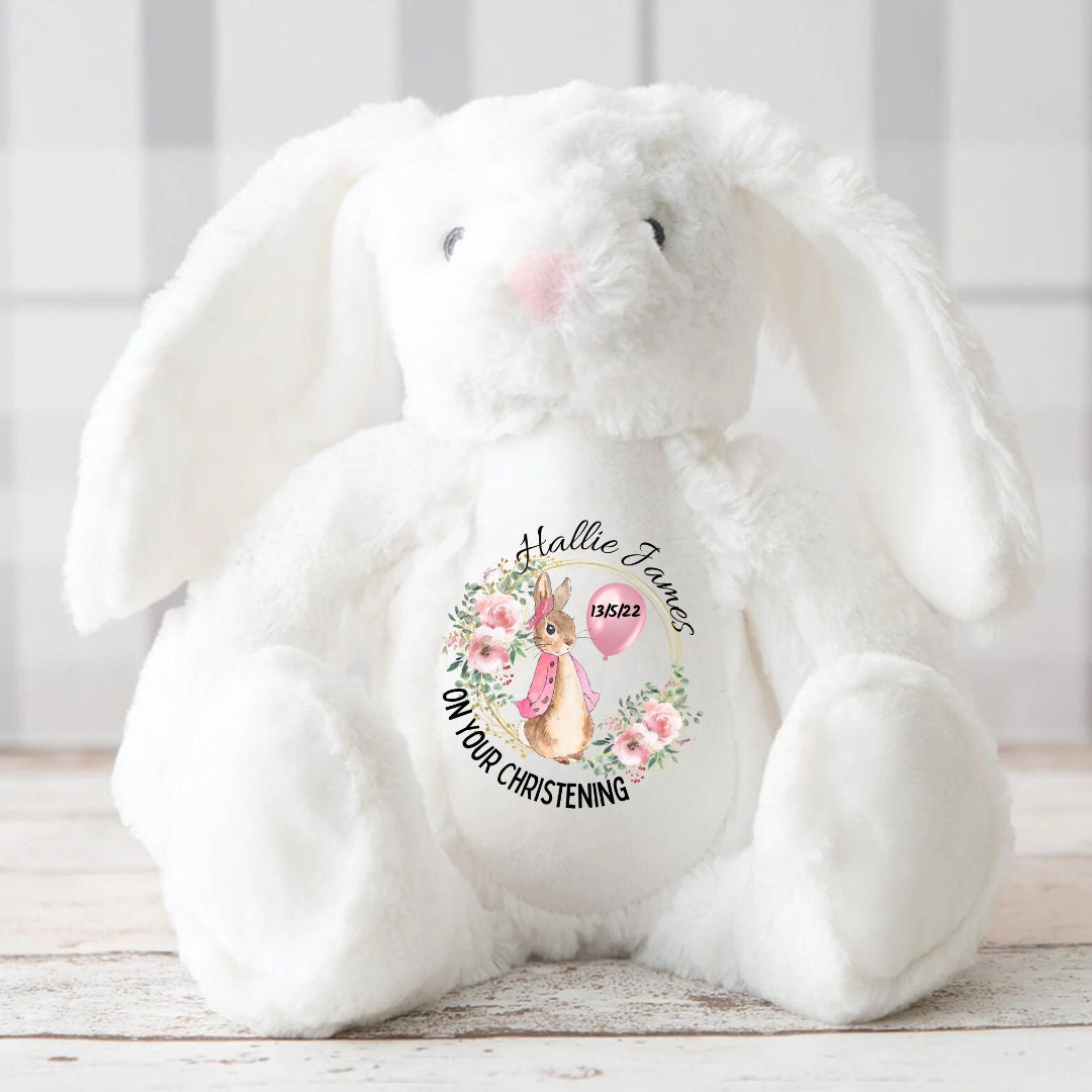 Personalised Christening Baptism Gift for Girls,Pink Christening Bunny,Christening Gifts,Christening Keepsake, Holy Communion Stuffed Teddy