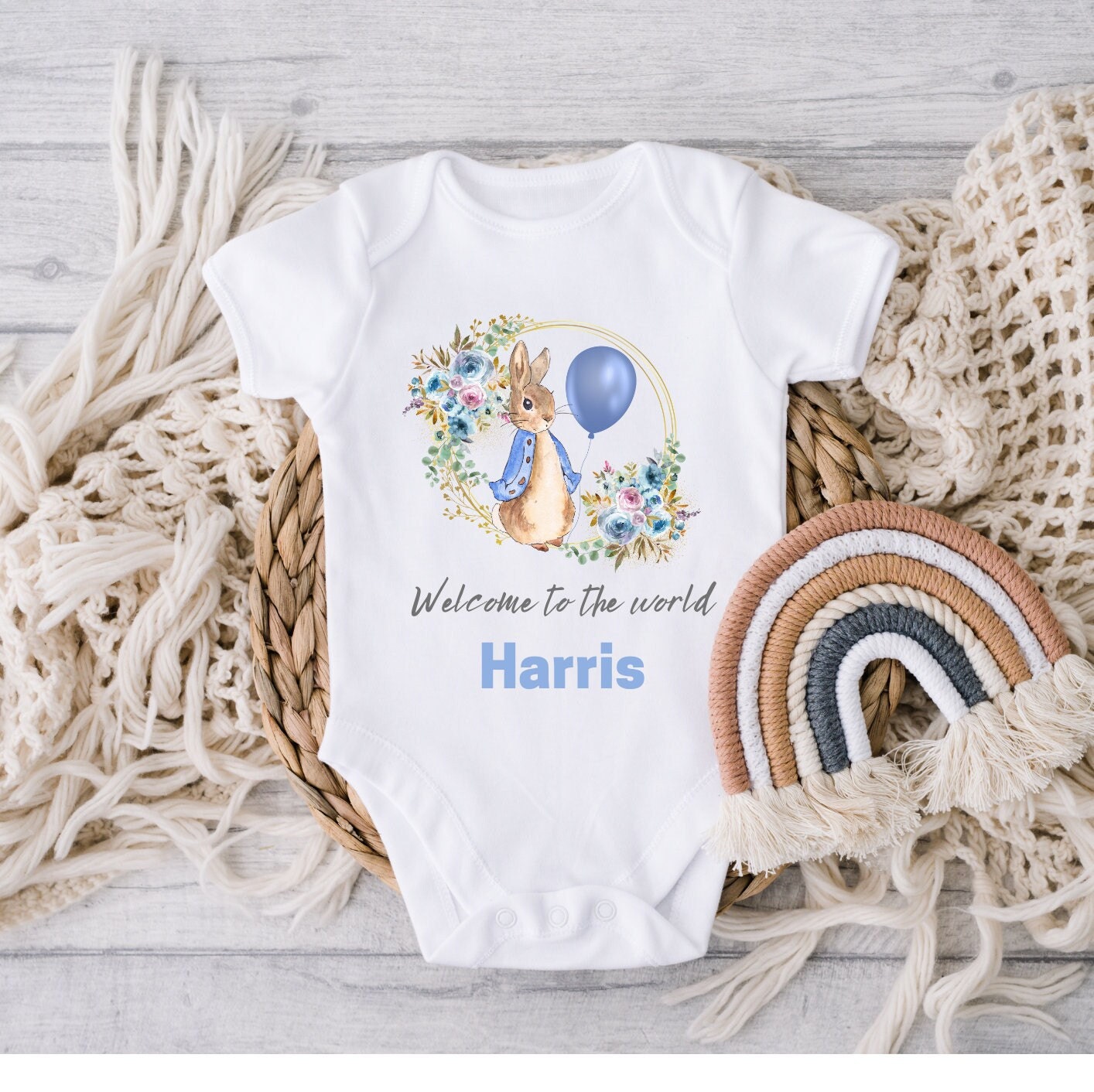 Personalised Blue Peter Rabbit Initial Vest, New Baby Boy Gift, Coming Home Gift, New Baby, Pregnancy Announcement vest