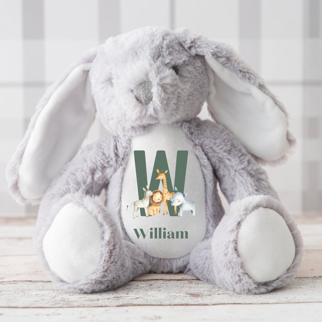 Personalised Bunny Rabbit, New Baby Gift, Personalised Plush Soft Toy, Safari theme , Your Name Teddy, Kids Cuddly Toy, Girls and Boys Teddy