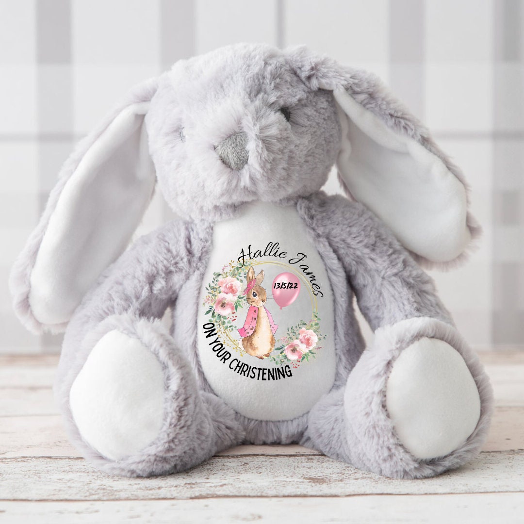 Personalised Christening Baptism Gift for Girls,Pink Christening Bunny,Christening Gifts,Christening Keepsake, Holy Communion Stuffed Teddy