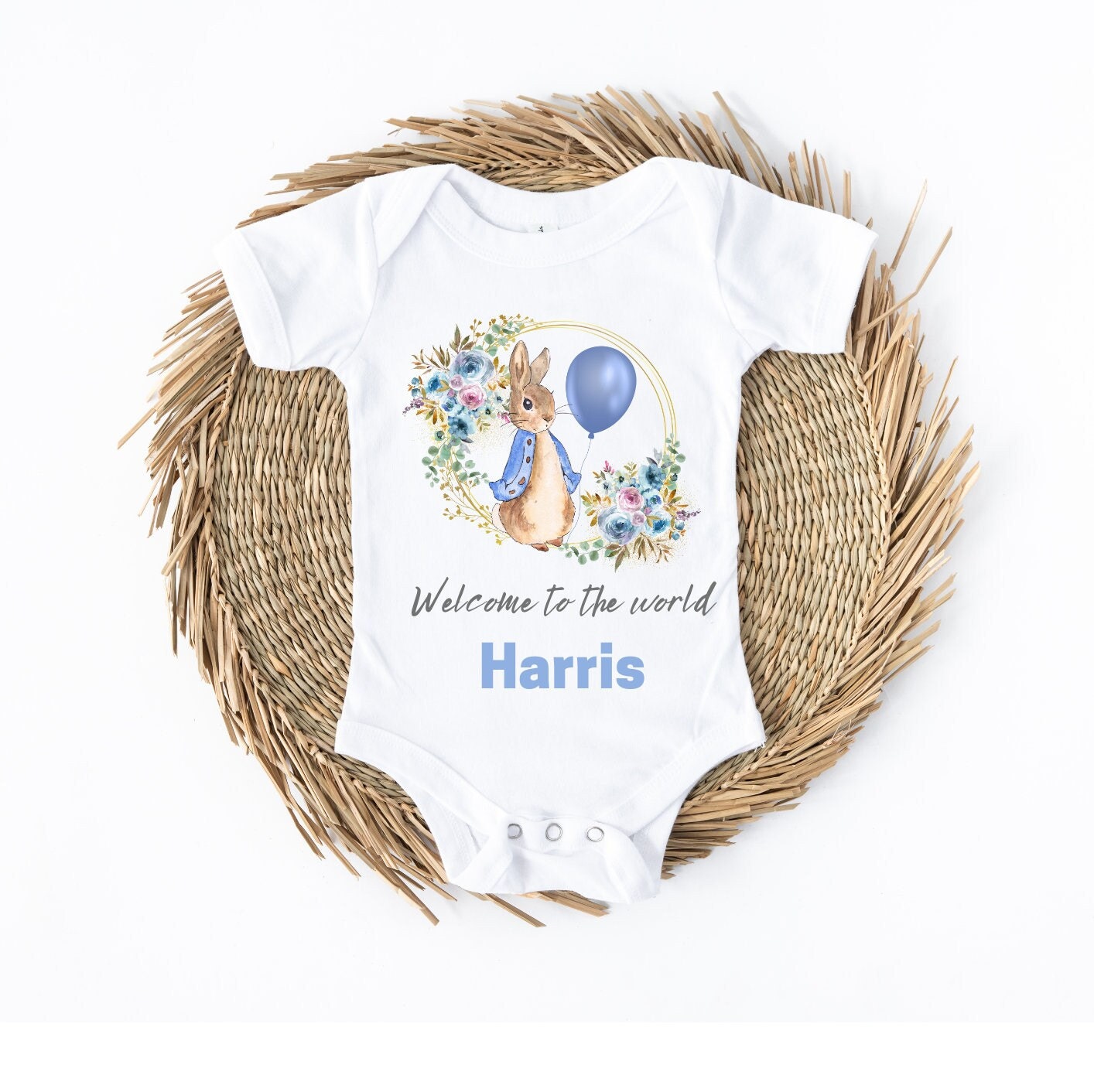 Personalised Blue Peter Rabbit Initial Vest, New Baby Boy Gift, Coming Home Gift, New Baby, Pregnancy Announcement vest