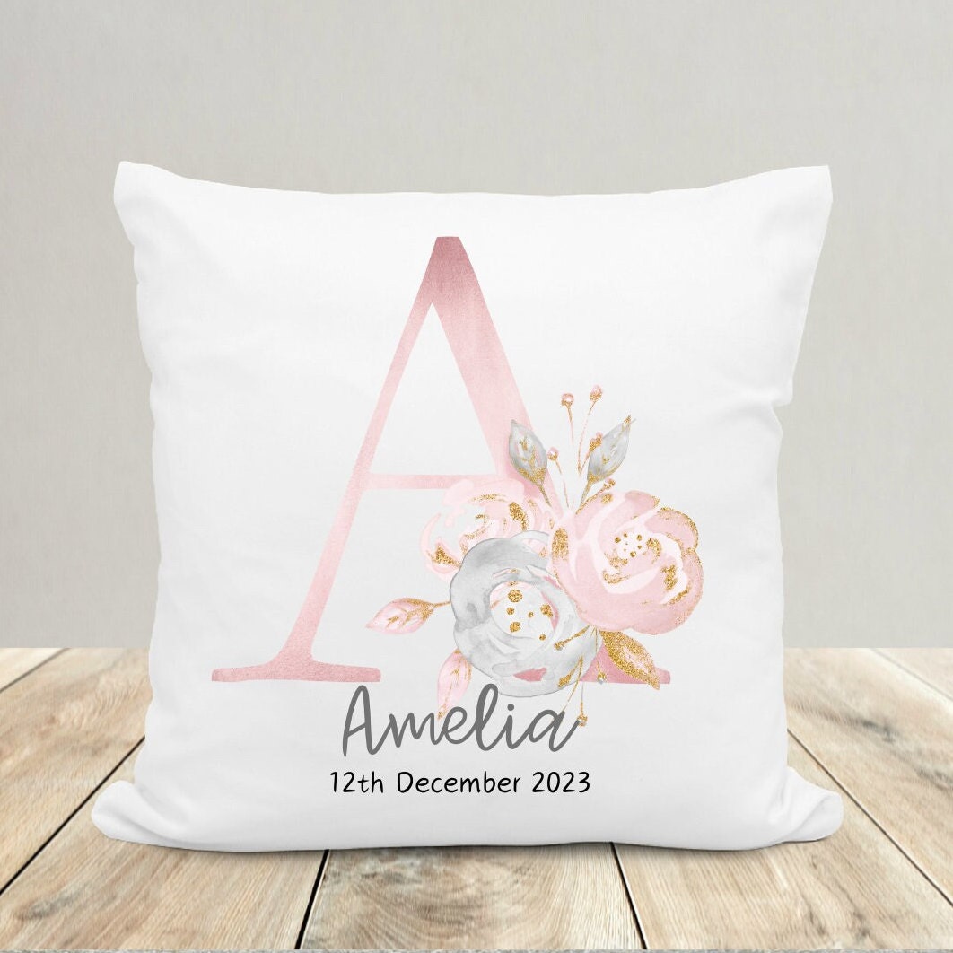 Personalised New Baby Cushion , Floral Nursery Cushion , Personalised Girl's Cushion , Baby Girl Cushion , Personalised Baby Girl Gift